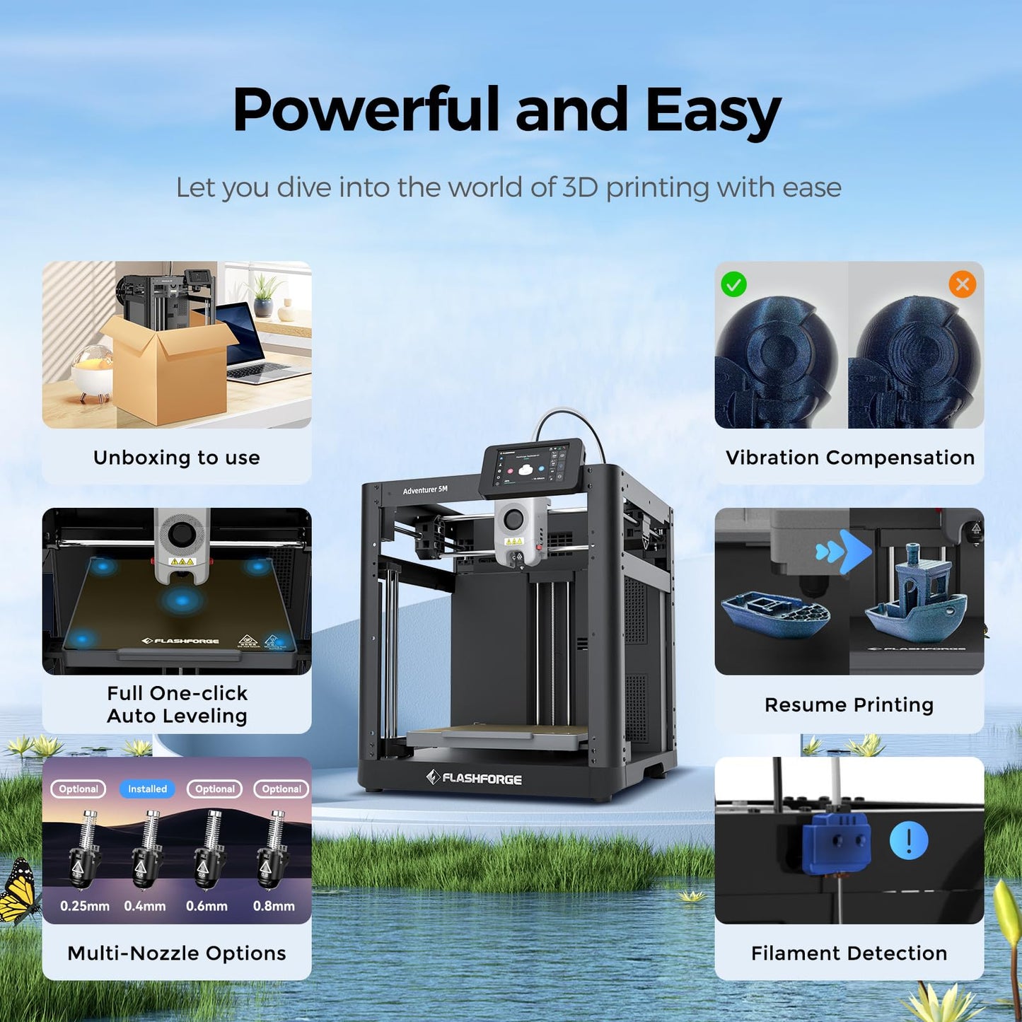 FLASHFORGE Adventurer 5M 3D Printer,Support PLA-CF,Print Size 220x220x220mm