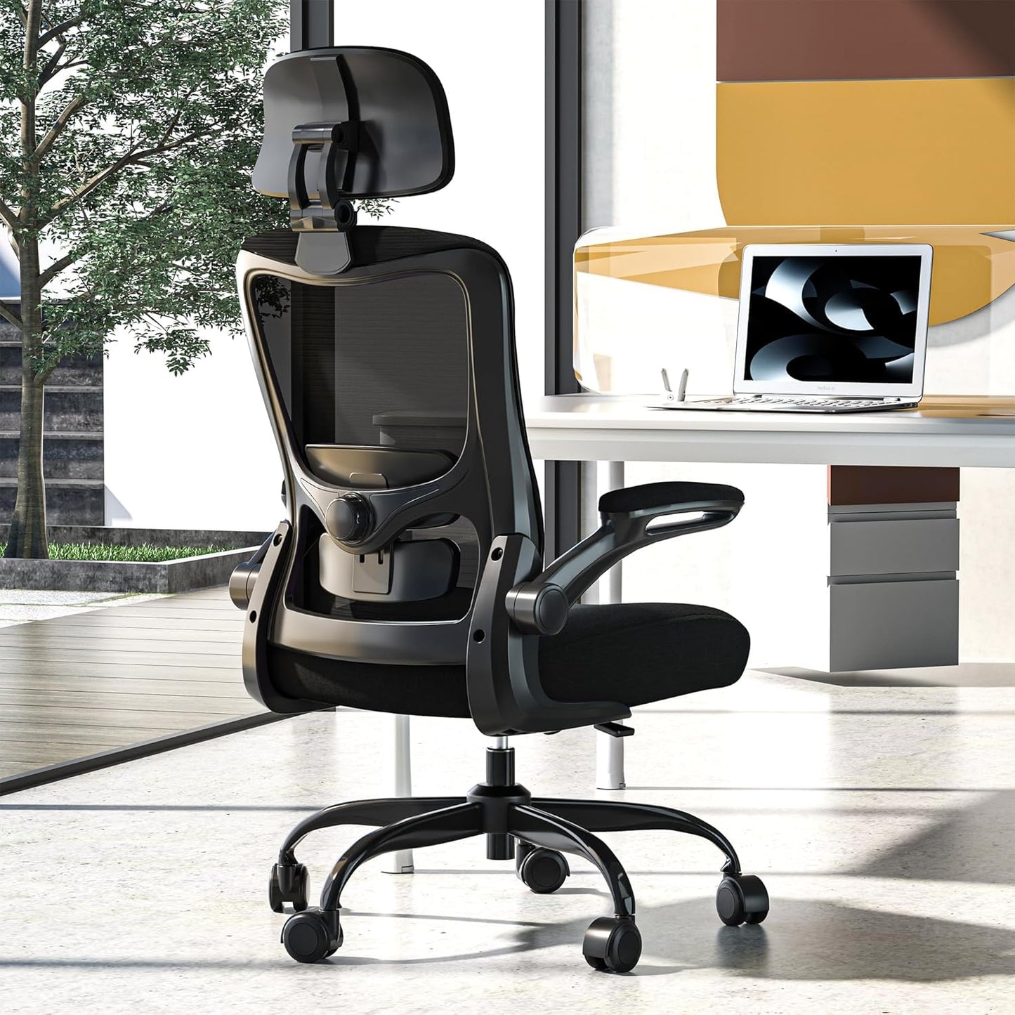 Ergonomic Office Chair, High Back Mesh Office Chair with Adjustable Lumbar Support, Flip-Up Armrests, Swivel Computer Desk Chair for Home Office