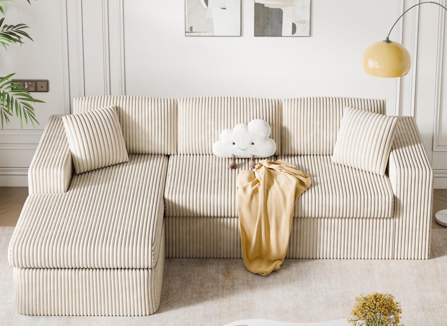 105" Boneless Couches for Living Room, L Shaped Modular Sectional Sofa Couch with Deep Seat, Cloud Foam Couch with Oversized Chaise, Plush Corduroy Sofa No Assembly Needed