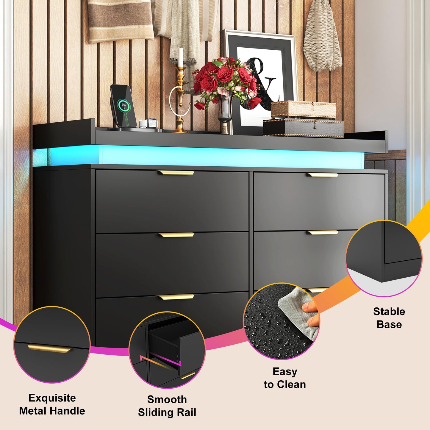 6 Drawer Dresser for Bedroom, Black Dresser with LED Lights and Power Outlet, Modern Chest of Drawers for Closet, Double Wide Drawer Organizer Cabinet for Bedroom, Living Room, Entryway, Hallway