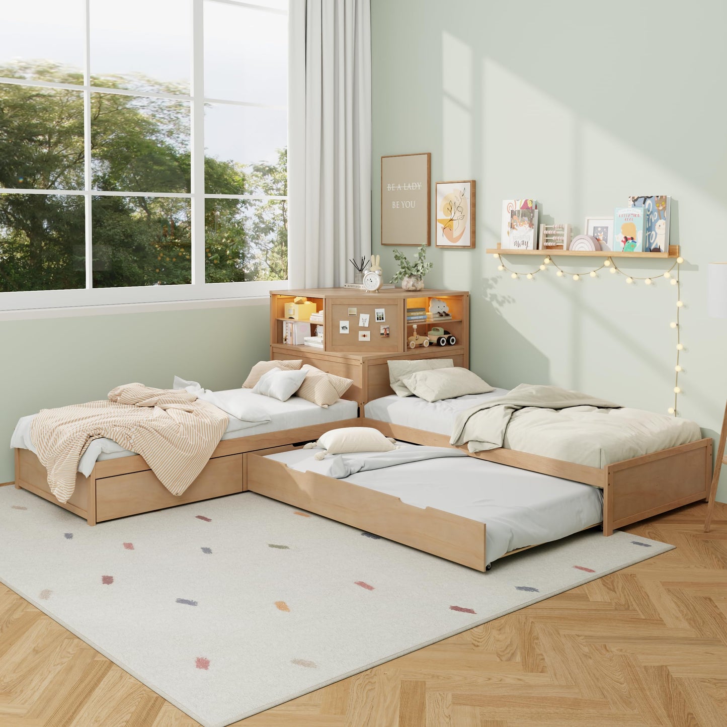 Merax L-Shaped Combination Twin Corner Platform Bed Frame with Trundle,Drawer,Built-in Desk and Led Downlight,3-in-1 Design for Bedroom