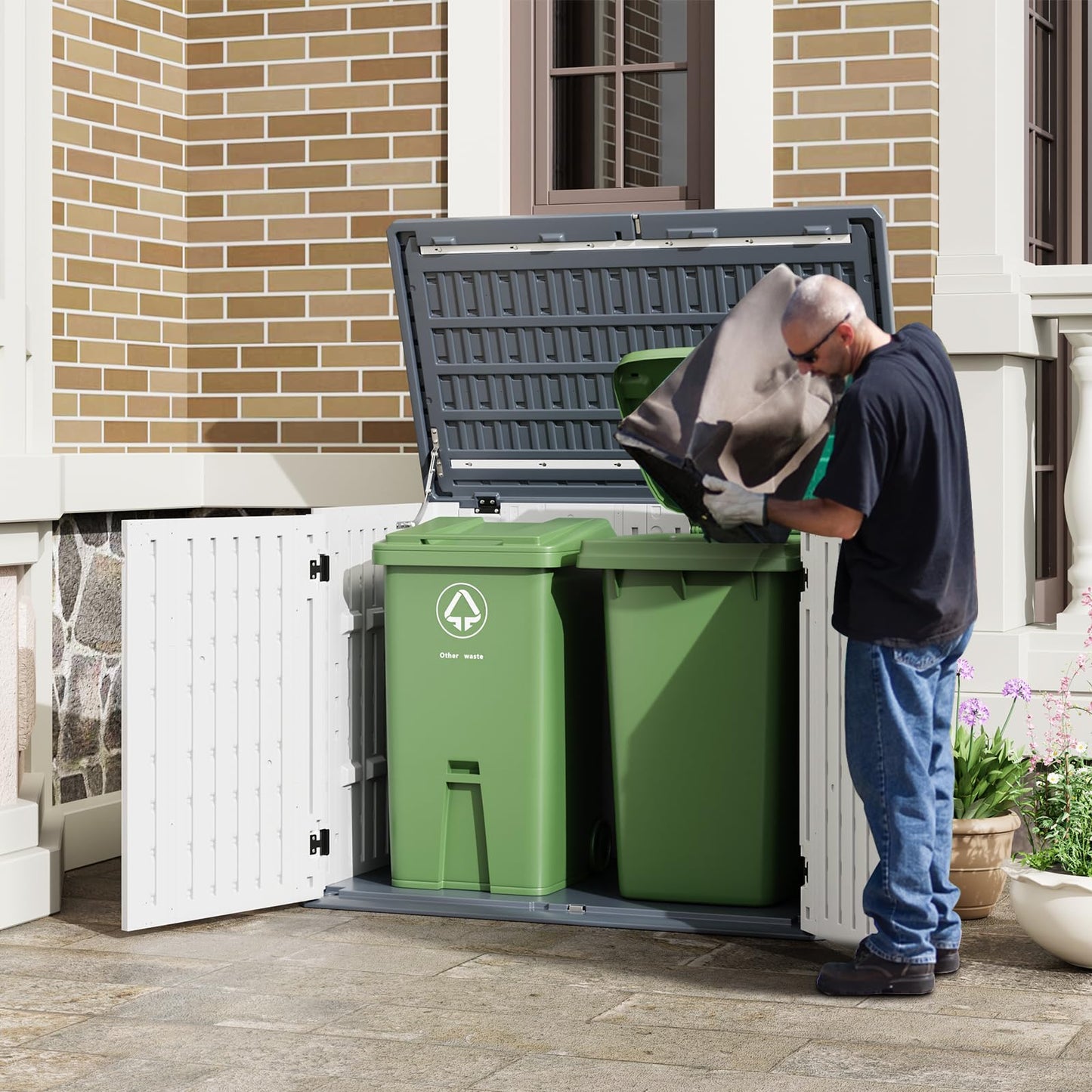 35Cu ft Outdoor Resin Storage Cabinet, Outdoor Trash Can Storage Waterproof, Outdoor Resin Storage Box for Patio Tools, Sofa Cushion, Lawn Mower and Garbage Cans