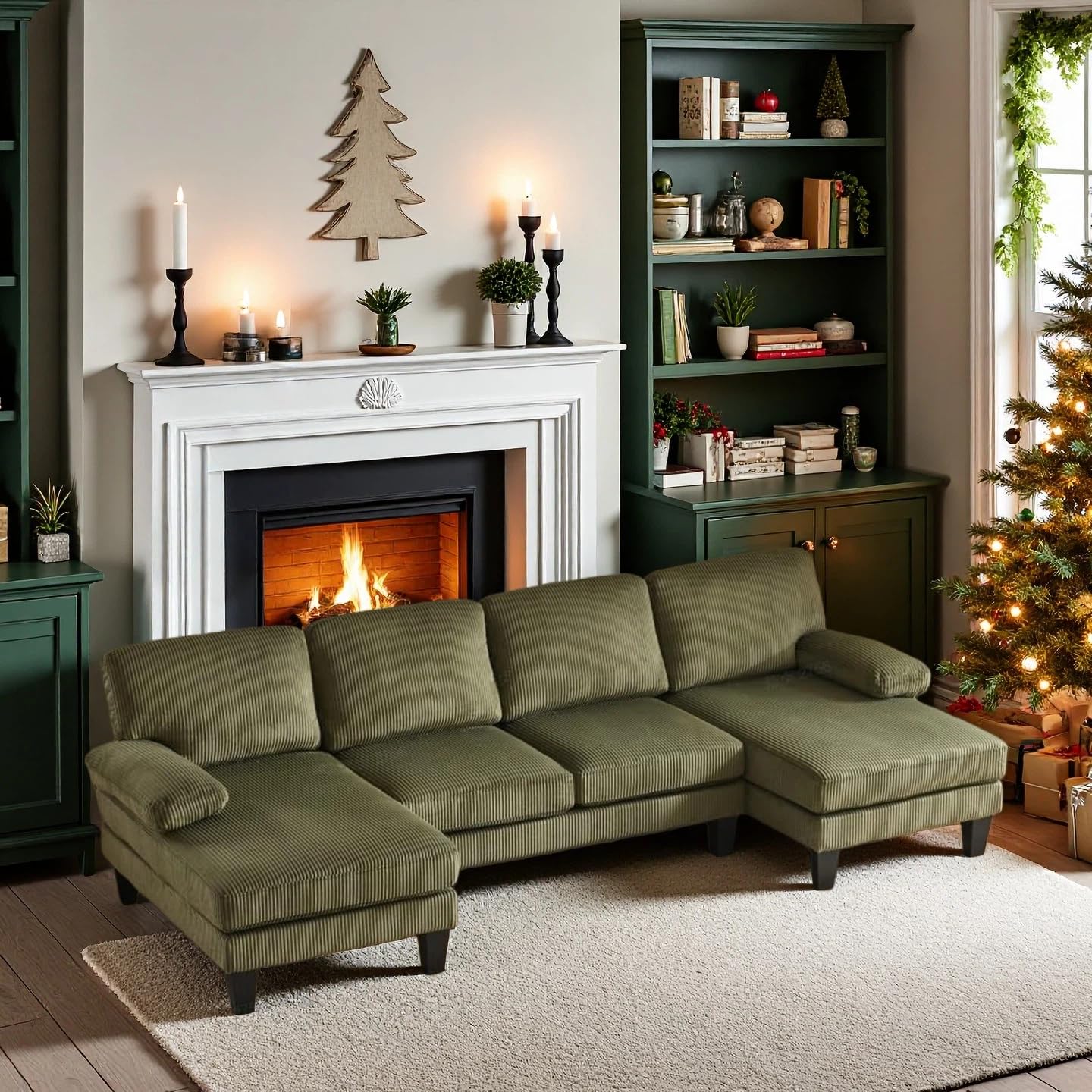 VINGLI 110" Sectional Couches for Living Room,U Shaped Couch with Double Chaise, 4-Seat Sofa Set with Corduroy Fabric for Home Furniture,Green