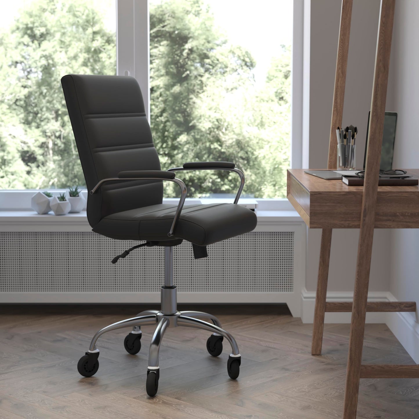 Flash Furniture Camilia Mid-Back Black LeatherSoft Executive Swivel Office Chair with Chrome Frame, Arms, and Transparent Roller Wheels