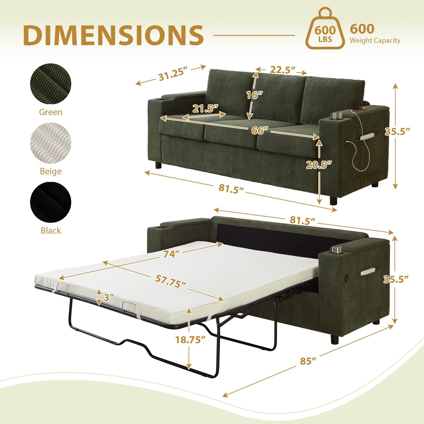 Eafurn 81" Convertible Loveseat Sofa Pull Out Couch with Queen Size Mattress Mattress Bed, 2 in 1 Corduroy Sleeper Sofa Couch Bed w/Cup Holders,Hidden Arm Storage Box,USB Ports