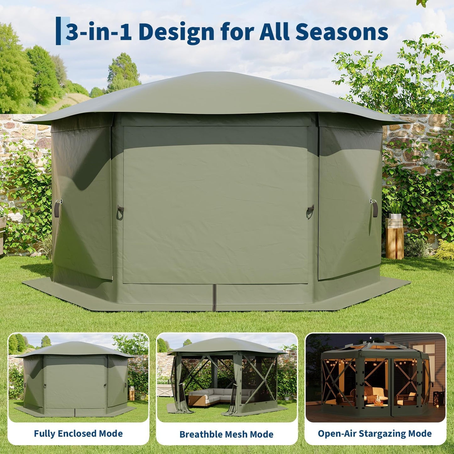 GarveeLife 11.5x11.5FT 6-Sided Pop Up Gazebo Tent，One-Push Setup Canopy Tent with Mesh Panels & Removable Wind Cloths, Outdoor shelter for Camping, Backyard Parties, Outdoor Events - Army Green
