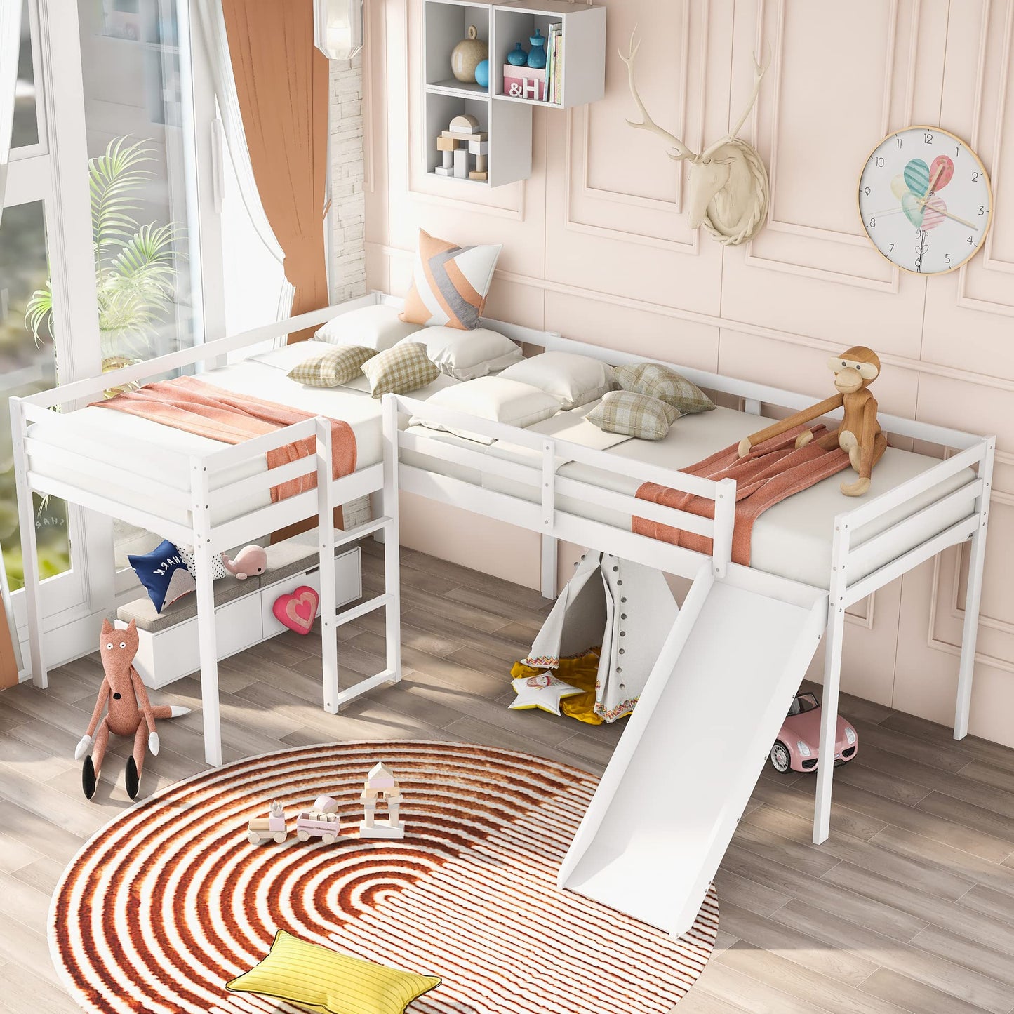 Merax L-Shaped Twin Size Loft Bed with Ladder and Slide, Wooden Double Loft Bed Frame with Full-Length Guardrail, No Box Spring Required