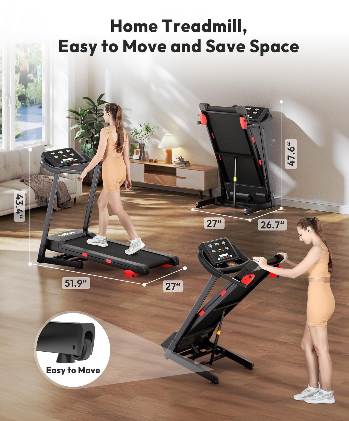 THERUN Incline Treadmill, Running Treadmills with Incline, Foldable Treadmills Heart Rate Sensors, 18″LED Display Manual Adjustment, 3.0HP Treadmill for Indoor Fitness Workouts, Black Red