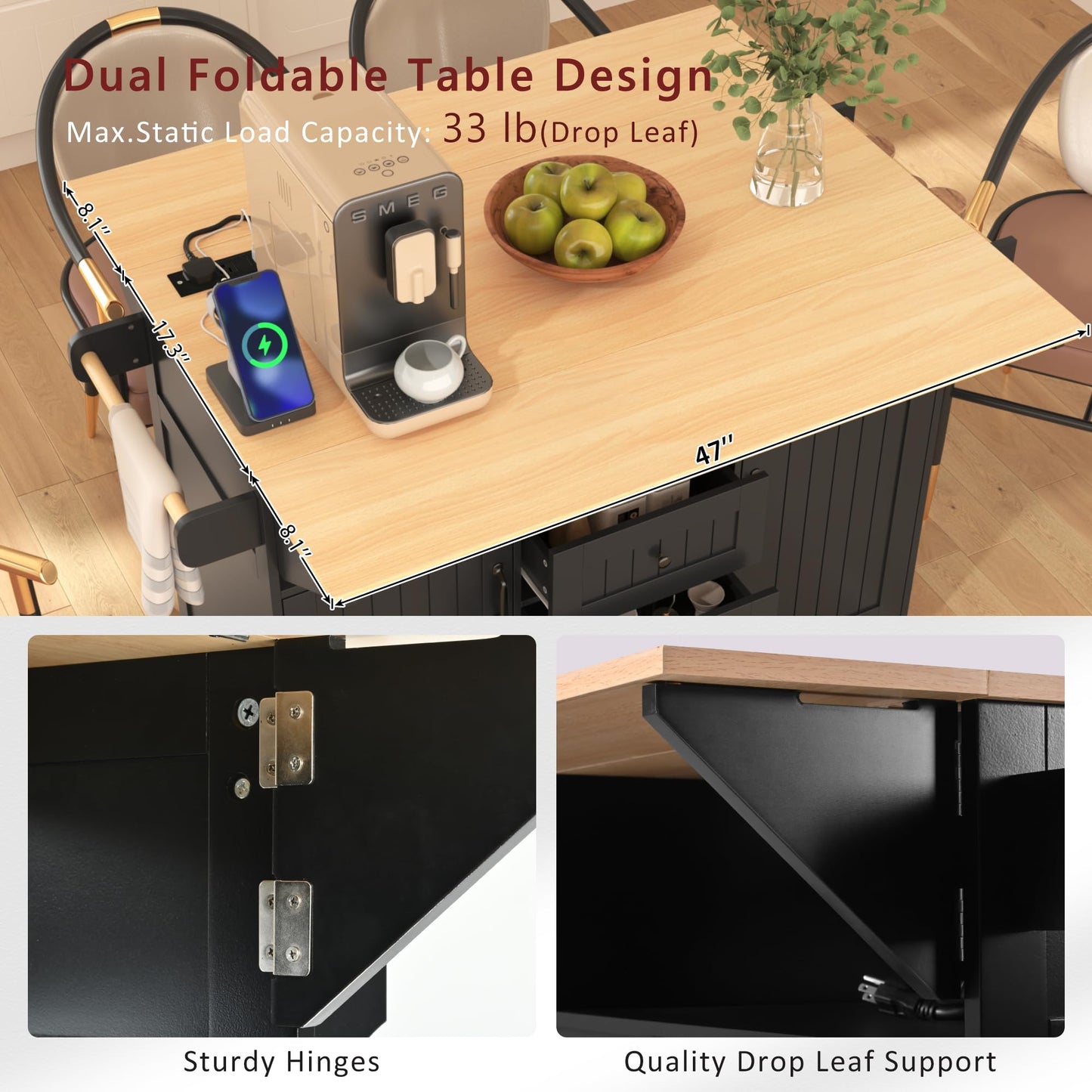 Merax 55.7" Upgraded Large Kitchen Cart Island on Wheels with 2 Drop Leaf,Power Outlet,3 Drawers,Wood Frame Storage Cabinet