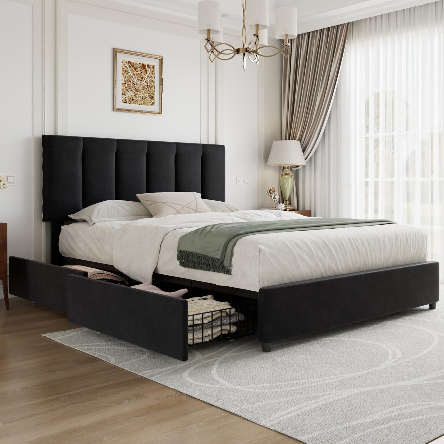 VECELO Queen Size Bed Frame with 4 Storage Drawers, Adjustable Height Headboard, Heavy-Duty Platform Bedframe with Strong Wooden Slats, No Box Spring Needed, Black