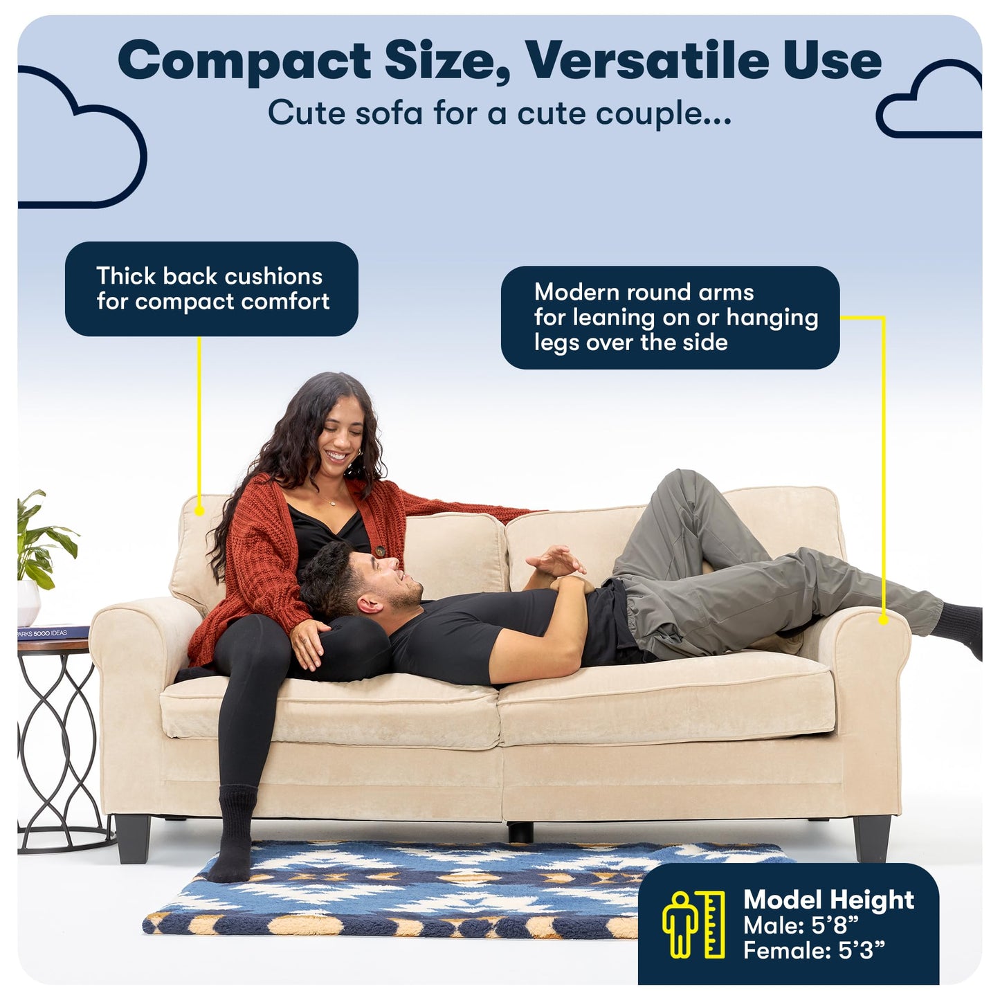 Serta Copenhagen 73" Rolled Arm Sofa, Easy Care Polyester, Soft Pillow Back, Pocket Coil Seat Cushions, Removable Covers, Loveseat or Couch for Small Spaces, Living Rooms or Bedrooms, Buttercream