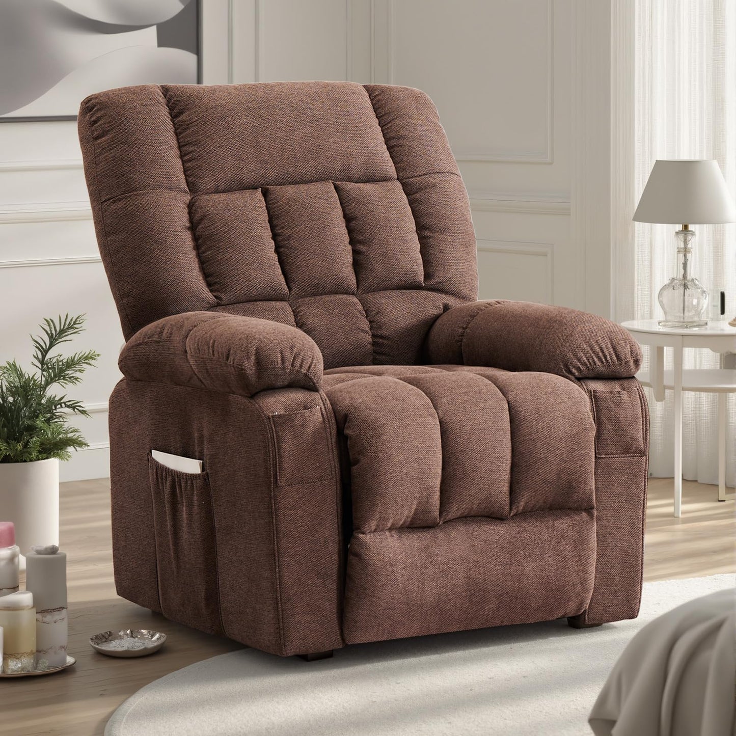 DUMOS Power Lift Recliner Chair with Vibration Massage and Heat for Elderly, Ergonomic Overstuffed Breathable Fabric Reclining Chair with 3 Pockets, Remote Control, Living Room, Bedroom, Brown