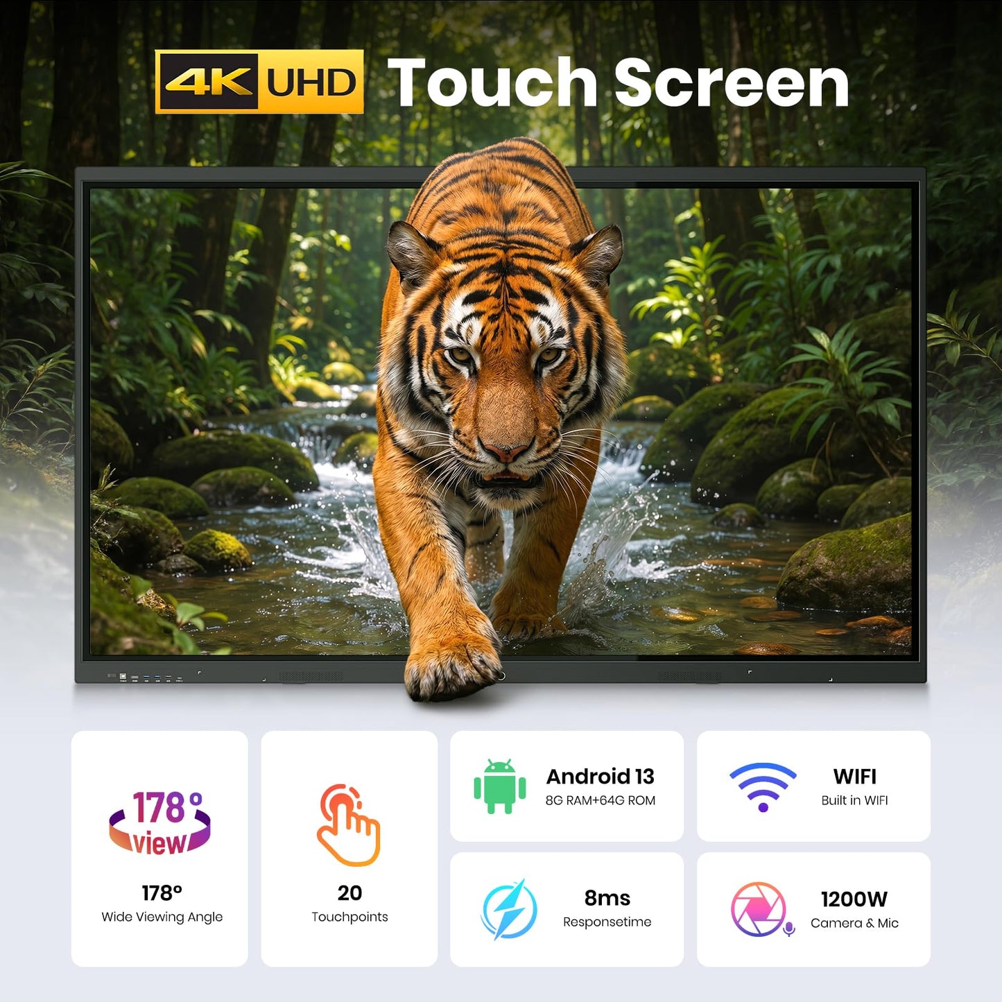 55'' 4K UHD Smart Board, Interactive Digital Whiteboard, 20-Point Touchscreen, All-in-One Electronic Whiteboard for Office Classroom Home Business