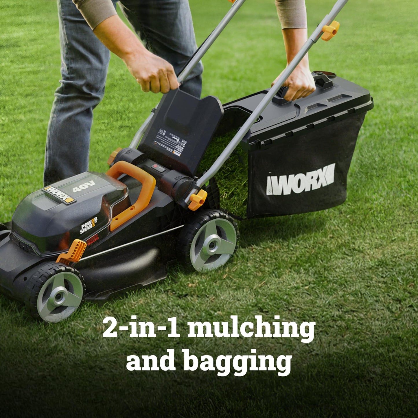 WORX Cordless Lawn Mower, 14" Electric Mower with Brushless Motor, Lightweight Push Lawn Mower with 6-Position Height Adjustment for Small Yards, 2 Batteries & Charger Included, WG735