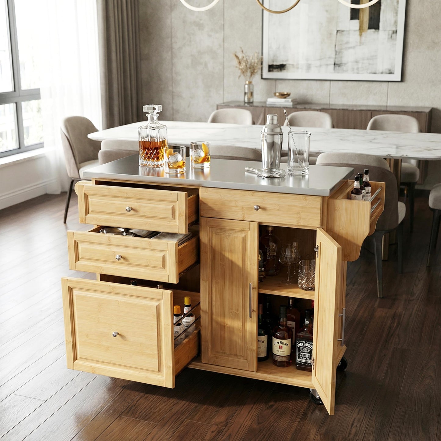 Merax Indoor Bamboo Rolling Kitchen Island with Stainless Steel Top – Mobile Cart with Drawers, Cabinet & Towel Rack for Dining & Bar
