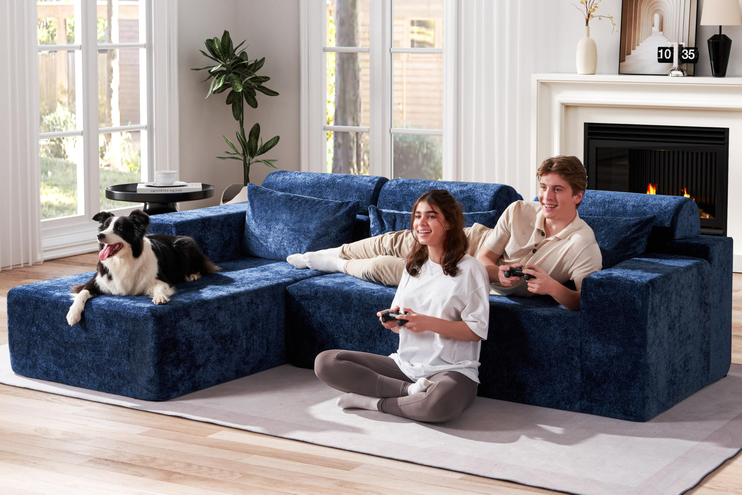 Homguava Modular Sectional Couches for Living Room,105" Cloud Couch with L-Shape Chaise,Comfy Sofa Living Room Couch with Deep Seat,No Assembly L Couch,Luxury Distressed Velvet(Blue,L)