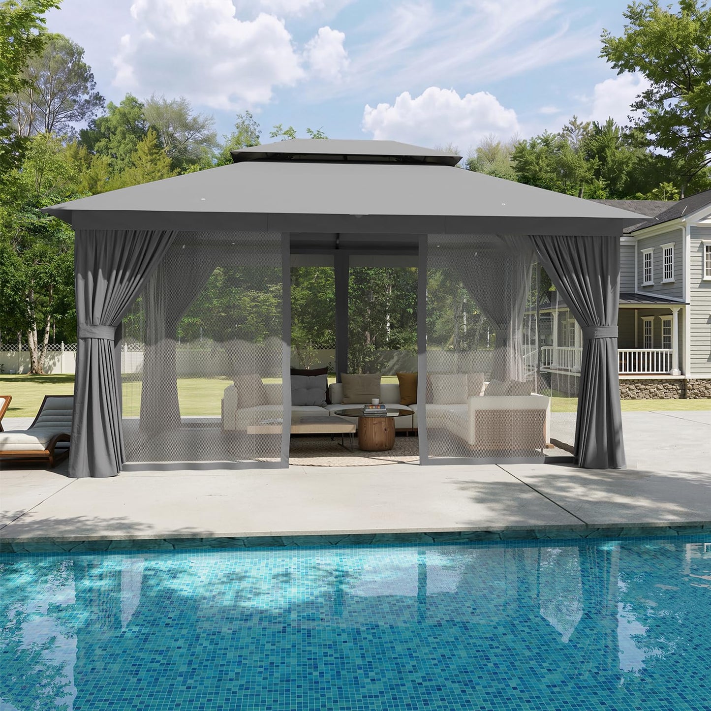 Aoxun Outdoor Gazebo for Patio 10x12, Metal Frame Canopy with Double Roofs, Heavy Duty Party Tent and Shelter with Mosquito Netting and Privacy Screen for Backyard, Lawn, Garden, Deck