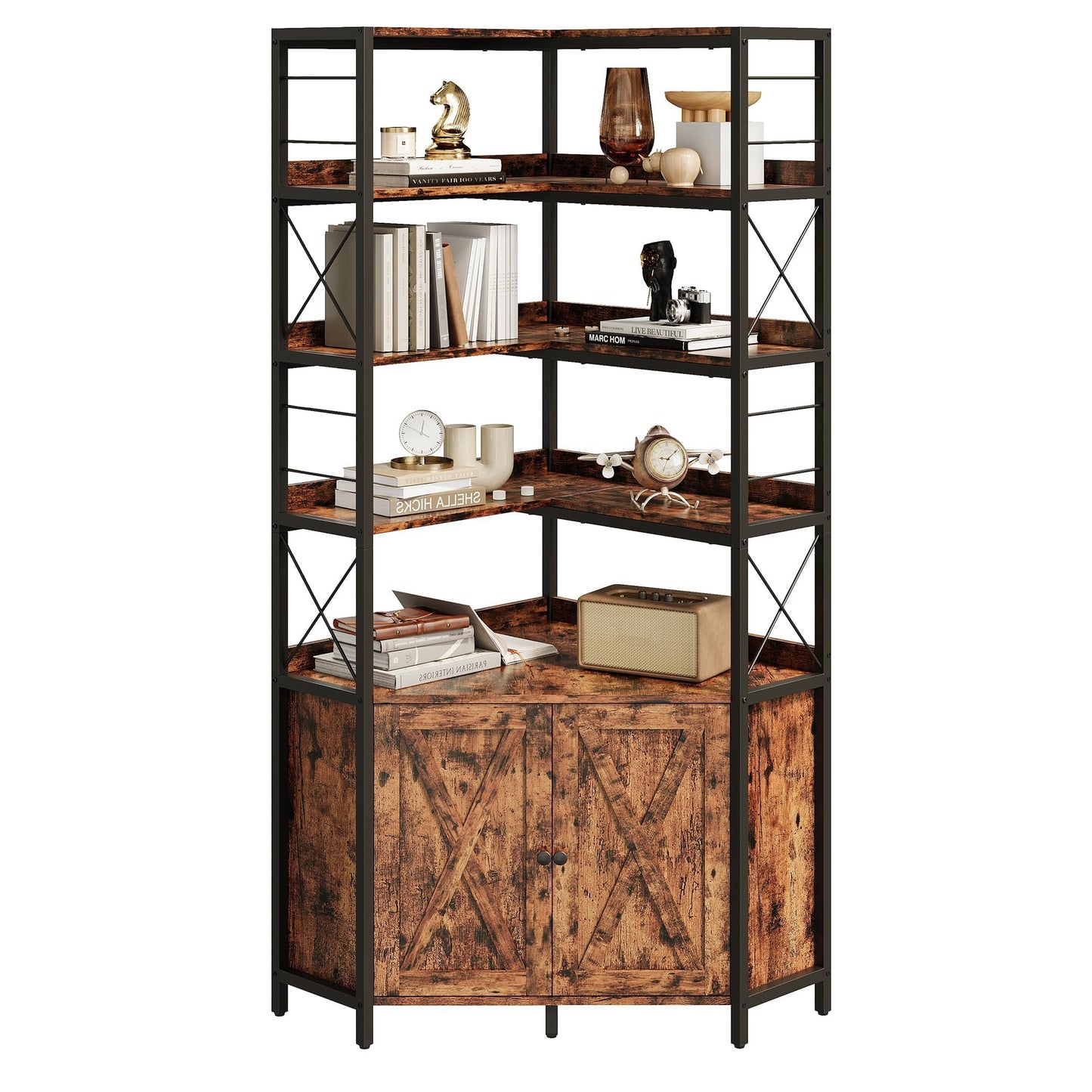 IRONCK Bookshelf with Doors, 6 Tier Corner Bookcase with Storage Cabinet, 30.7 in Depth L Shaped Book Shelf with Baffles, Farmhouse Corner Display Shelf for Living Room Home Office