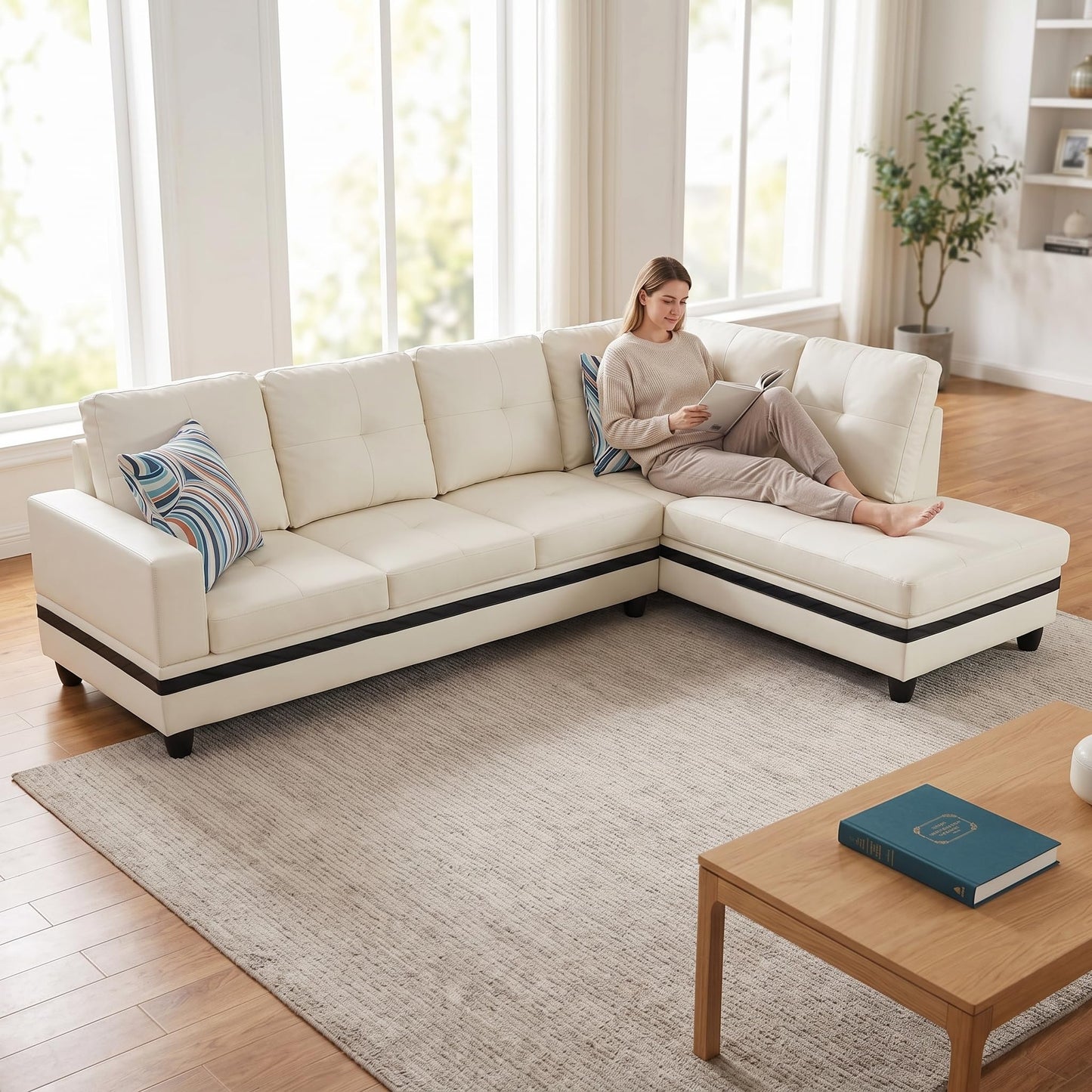 Trygoal L-Shaped Sectional Sofa, Modern 4-Seat Couch with Right Facing Chaise, PU Leather Sectional Couch for Living Room, Apartment, Office, White and Black