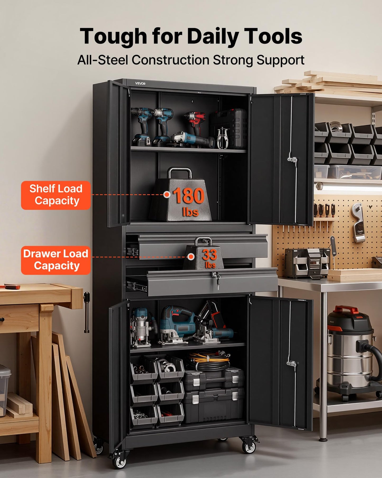 VEVOR Metal Storage Cabinet with Wheels, 180 lbs Shelf Load Capacity, 75" Tall Rolling Garage Tool Storage Cabinet with 4 Locking Doors and Adjustable Shelves, 2 Drawers, for Garage, Office, Home