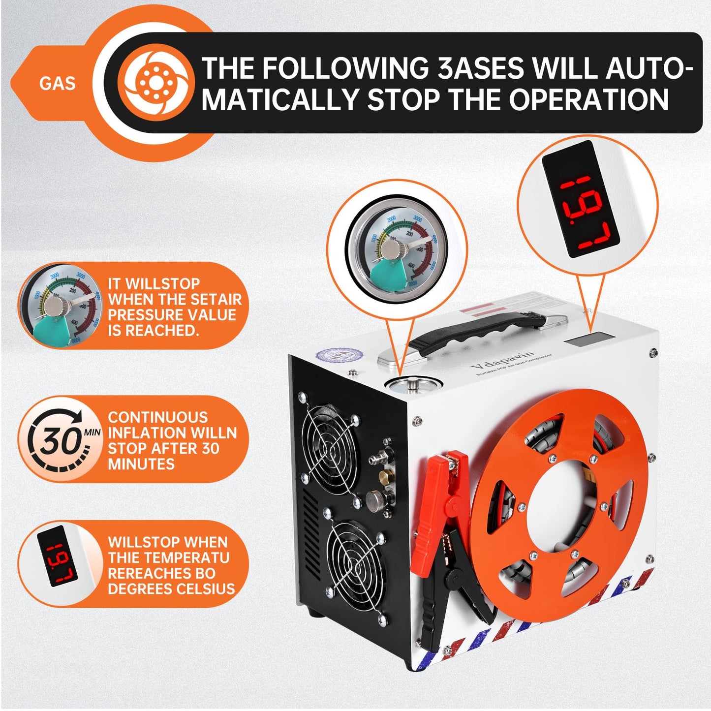PCP Air Compressor, Portable 4500 PSI/300 Bar Air Pump, supports 12V DC or 120V/220V AC, Auto-stop, oil-free/water-free design, for Paintball, Air Rifle, HPA Tanks