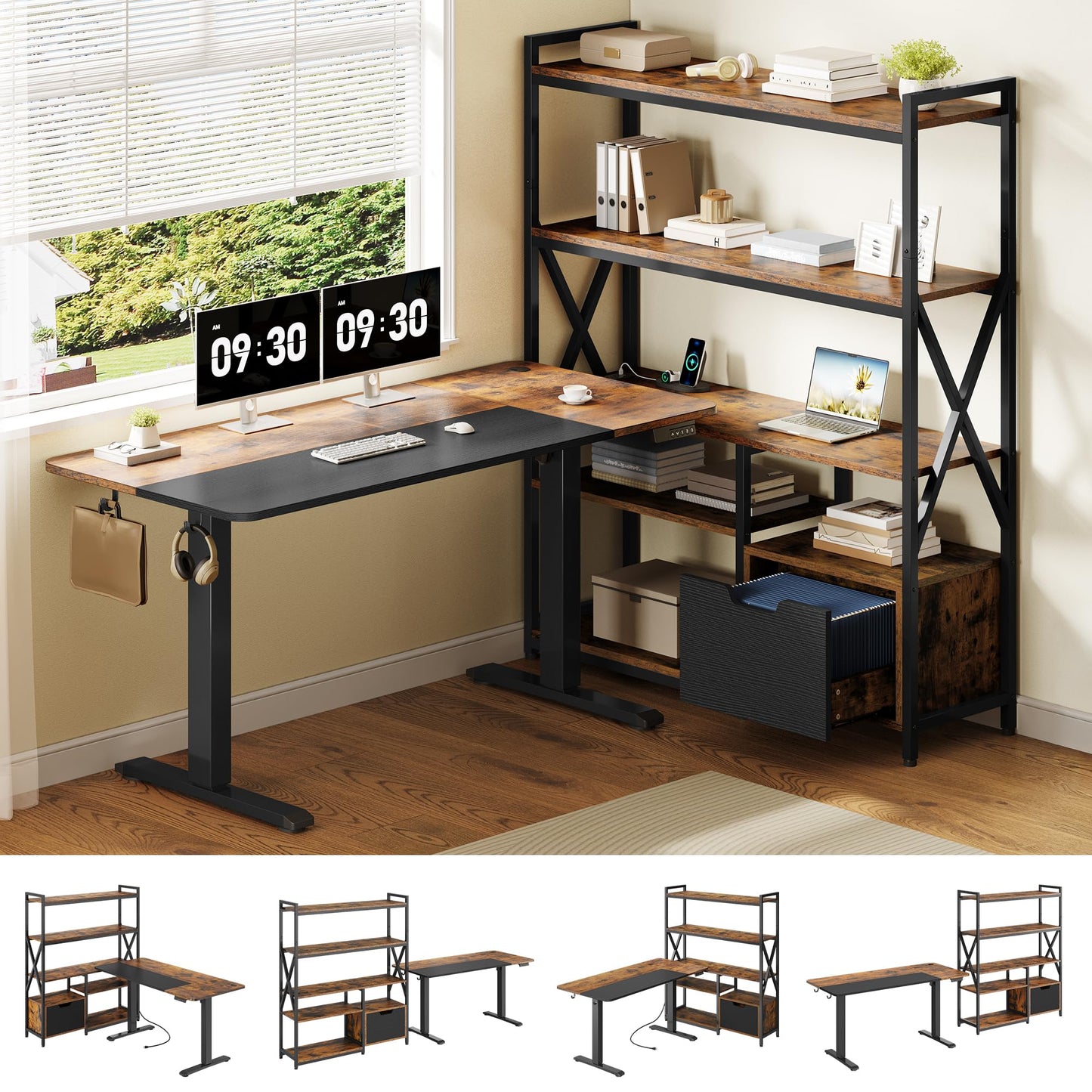 Homiflex 77.8 Inches L Shaped Standing Desk Corner Desk with Hutch Electric Height Adjustable Desk with Storage Shelves File Drawer Power Outlets Reversible Computer Gaming Desk for Home Office, Brown