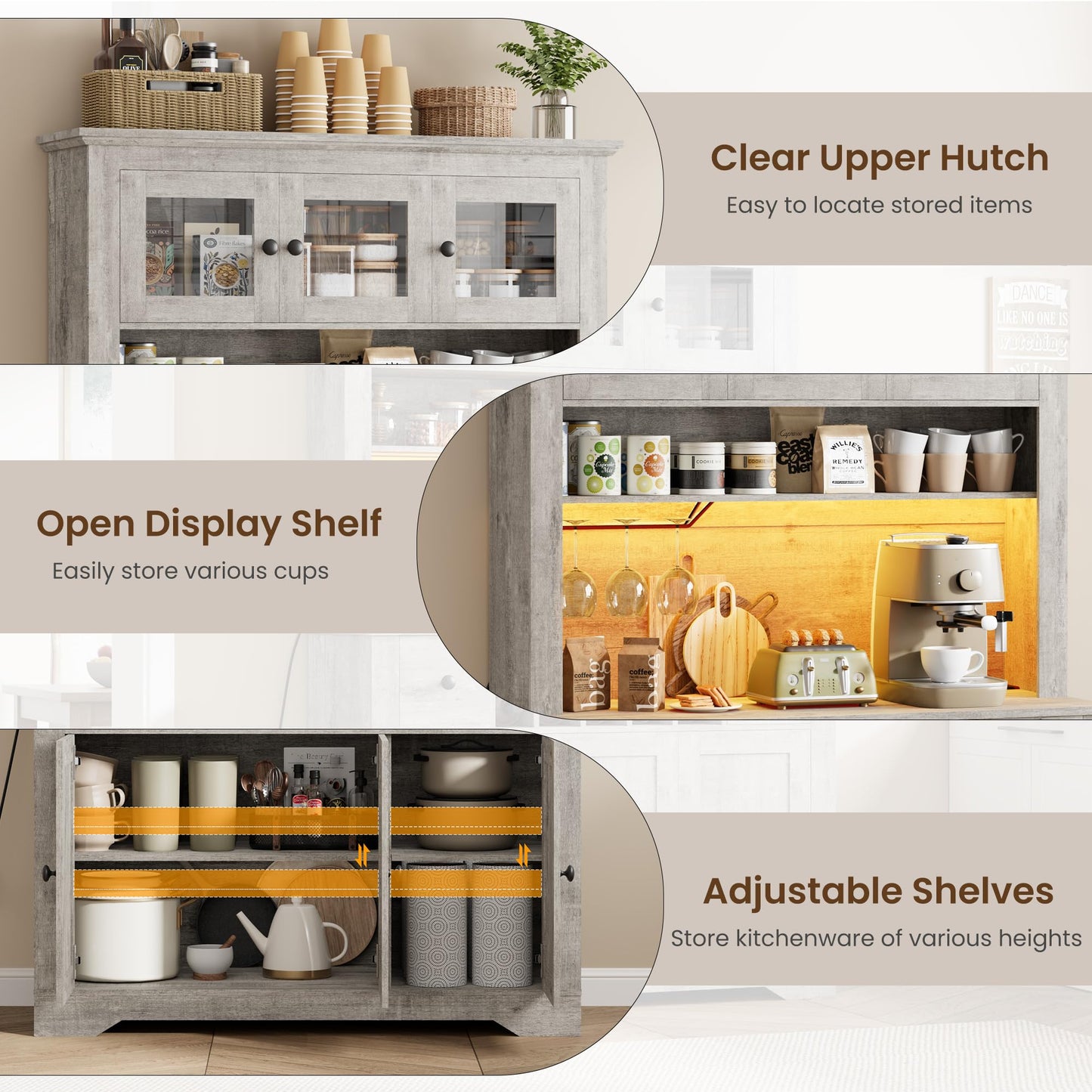 GarveeHome 68.7" Coffee Bar Cabinet with LED Light & Power Outlet, Farmhouse Kitchen Hutch with 2 Storage Drawers, Wine Glass Rack, Adjustable Shelves, Tall Pantry Cabinet for Dining Room, Living Room