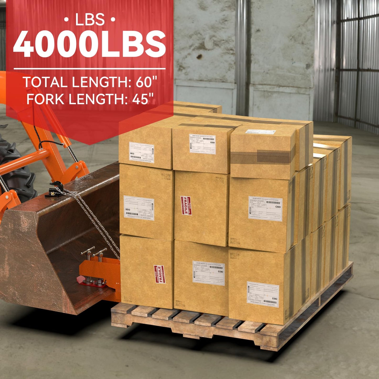 New Upgraded Clamp on Pallet Forks with Twin Round Pad Screw, Orange 60" Total Length 4000LBS Tractor Bucket Forks, Non-Slip Design Quick Attach Pallet Forks Attachment for Tractor Bucket