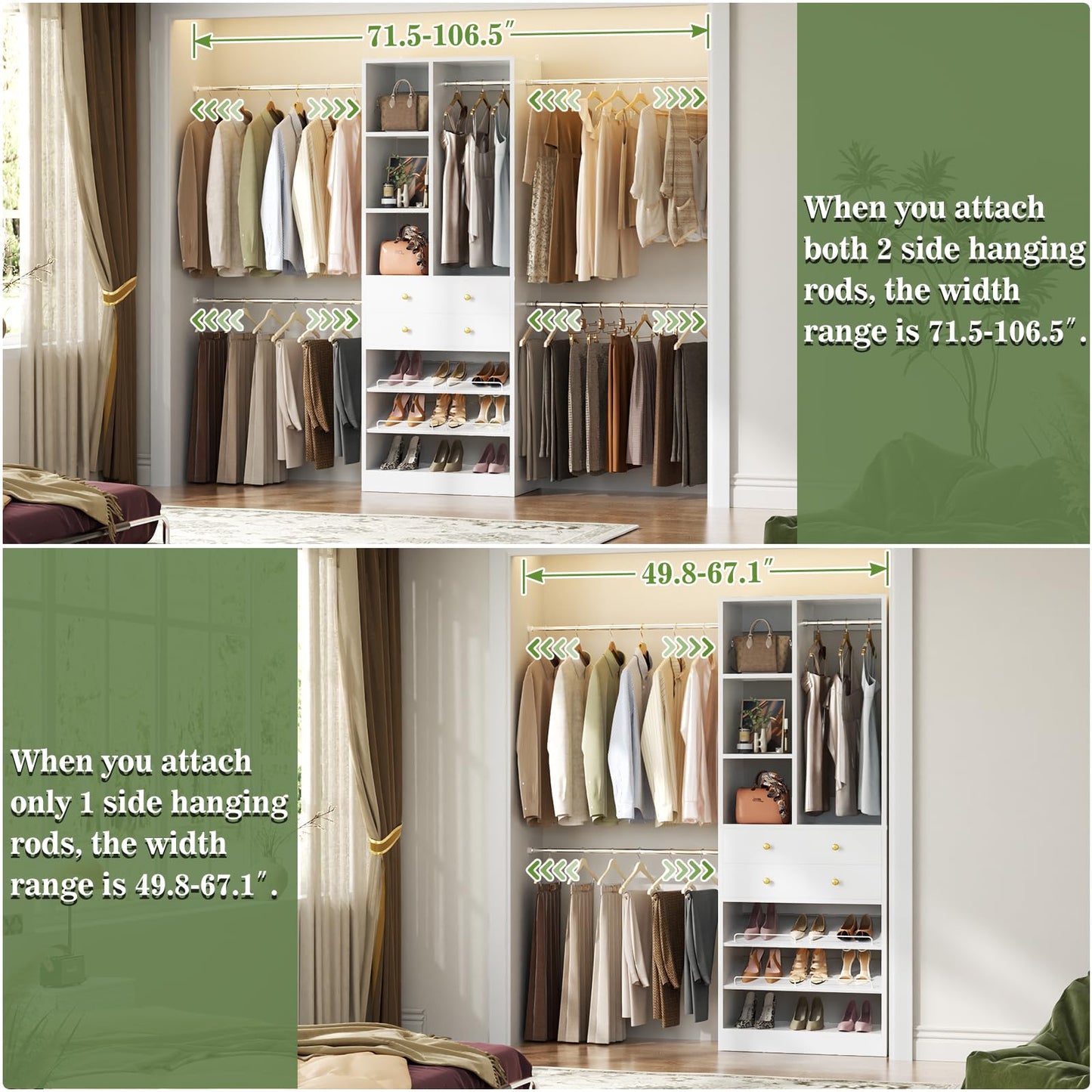 Besiost Closet System, 4.2–8.8 FT Closet Organizer with 2 Wooden Drawers and Shelves, Walk-in Closet System with Hanging Rods, Built-in Closet Tower, Can Fit 60 to 96 inch, White