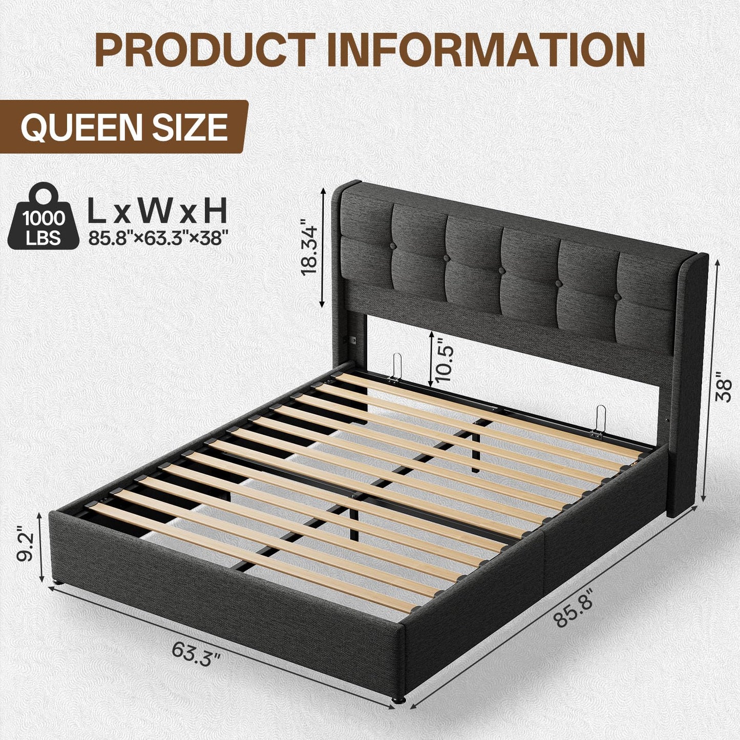 Vinabilia Lift Up Queen Size Bed Frame with Storage, Upholstered Queen Bed Frame with Wingback Headboard, No Box Spring Needed, Easy Assembly - Dark Grey