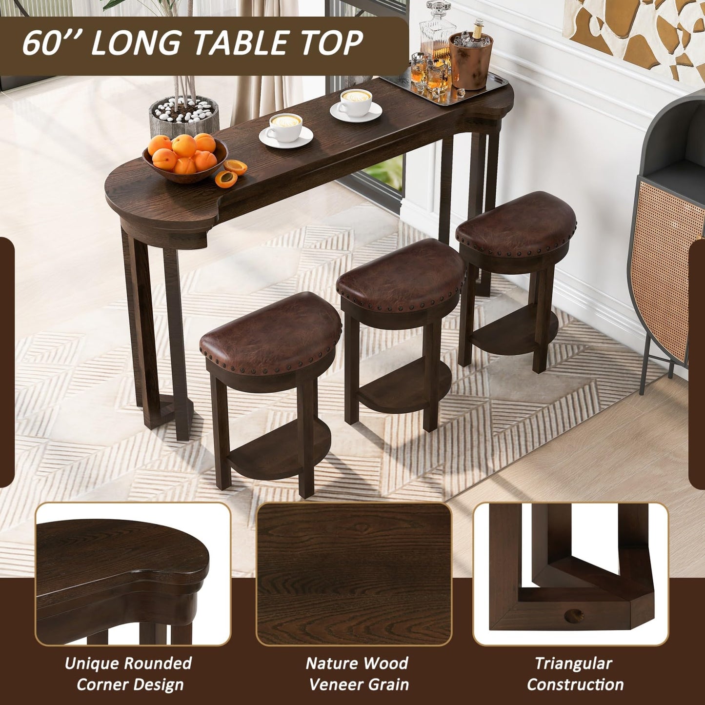 KEIKI 60" Solid Pine Wood Bar Table Set with 3 PU Stools Chairs, Long Bar High Top Dining Table & Upholstered Stools, Behind Couch Sofa Counter Height Pub Table for Breakfast, Kitchen Living Room