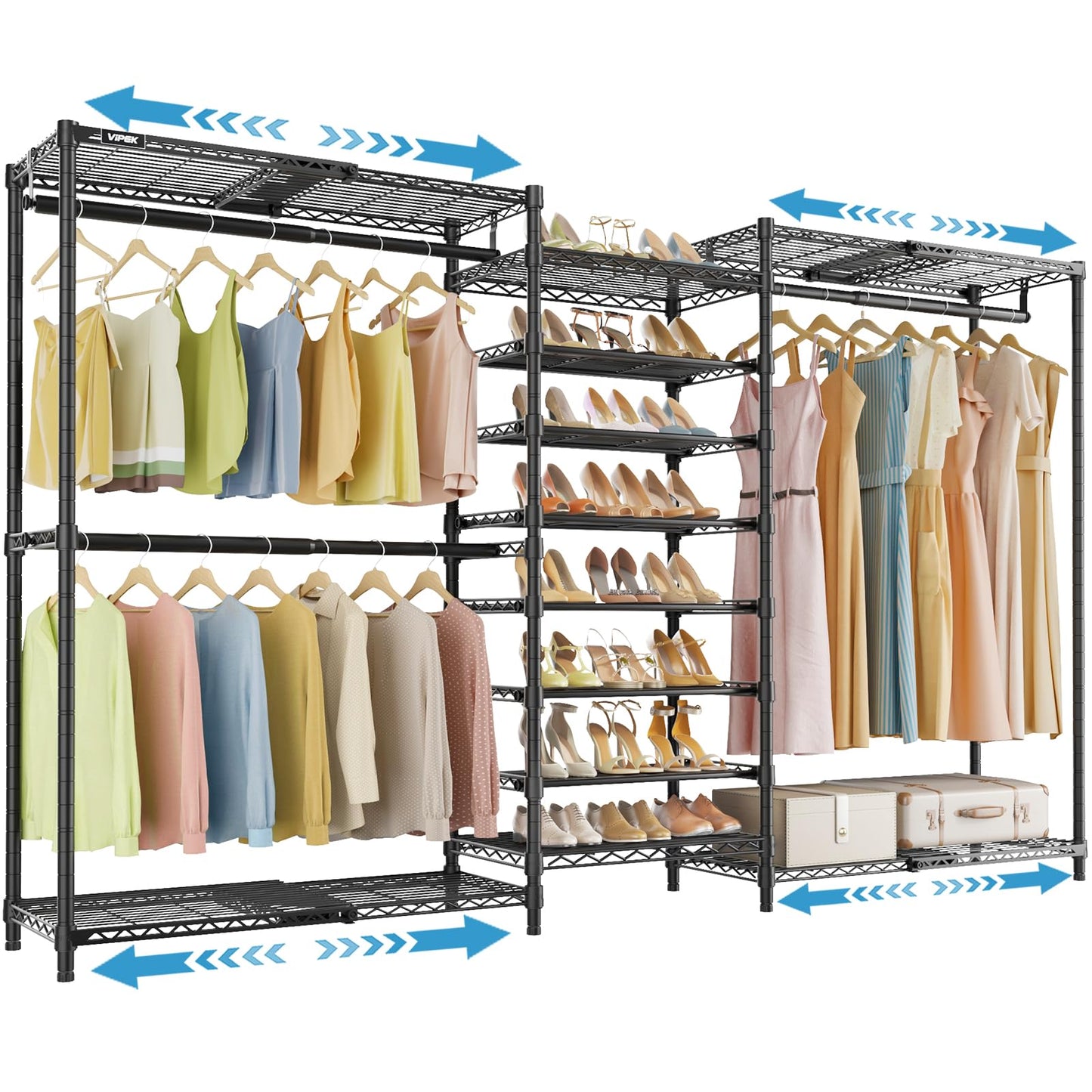 VIPEK S3X Expandable Clothes Rack, Industrial Pipe Closet System Adjustable from 5'11" to 8'7" with 6-Tier Shoe Shelves, Heavy Duty Garment Rack, Space Saving Wall Closet Organizer