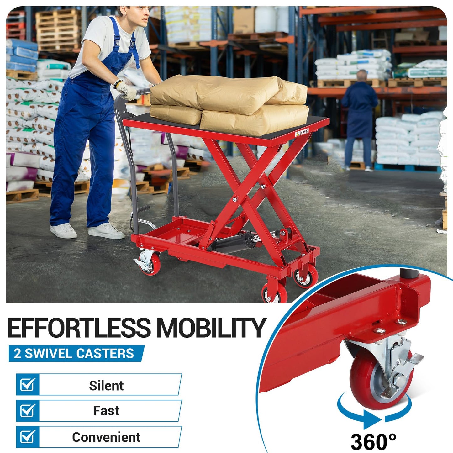 500 Lbs Hydraulic Lift Table Cart, 28.5" Lifting Height Single Scissor Lift Table with Anti-Slip Pad & 4 Wheels for Material Handling & Transportation in Warehouse, Workshop, Red