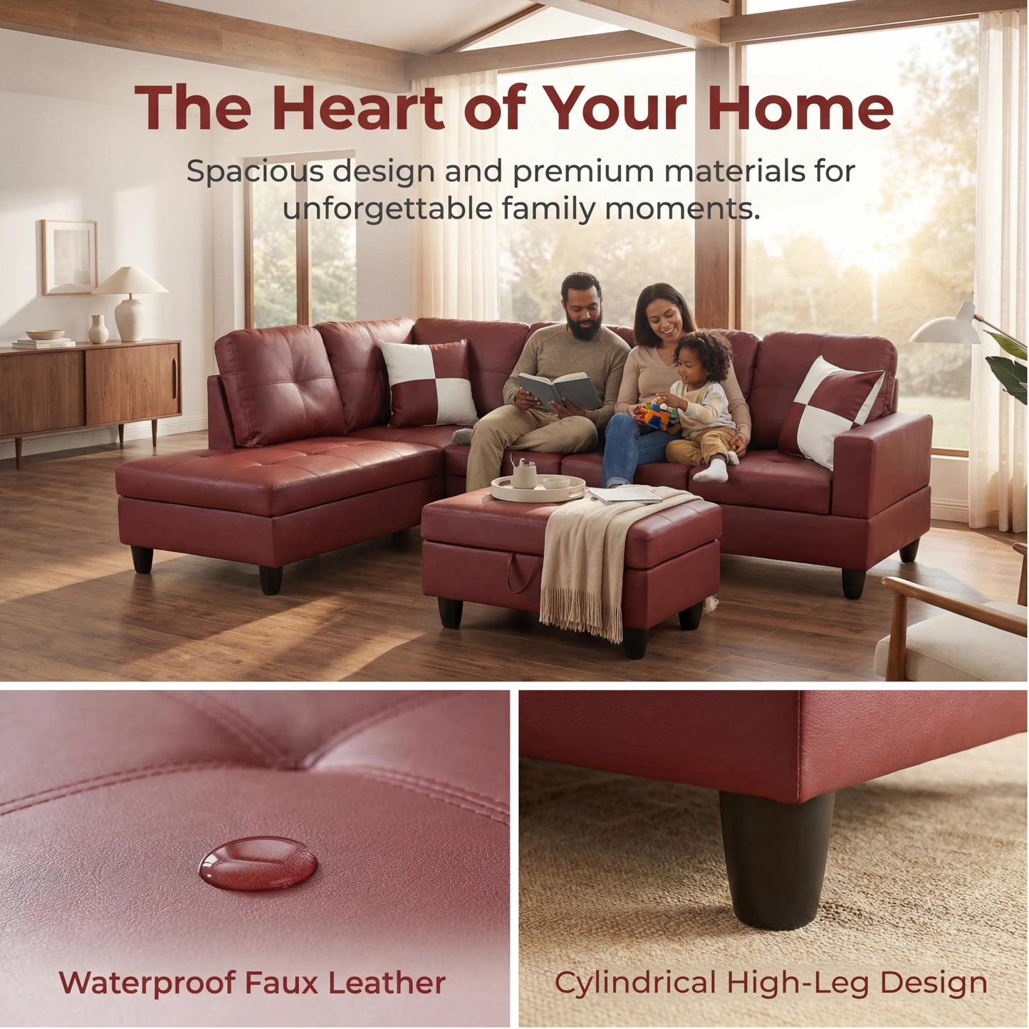 Topcomfy Leather L Shaped Sectional Couches for Living Room - 97.5“ x 66.5" Modular Sectional Sofa with Storage Ottoman, 4 Seat Home Sofa Living Room Furniture Sets with Chaise for Apartment, Brown