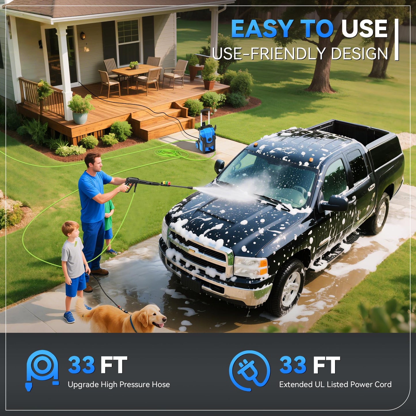 Electric Pressure Washer 5000PSI, Heavy Duty Power Washer Electric Powered, with 4 Nozzles,Foam Cannon,33FT Hose and 500ml Soap Bottle,Car Wash Machine/Car/Driveway/Patio Clean,Blue
