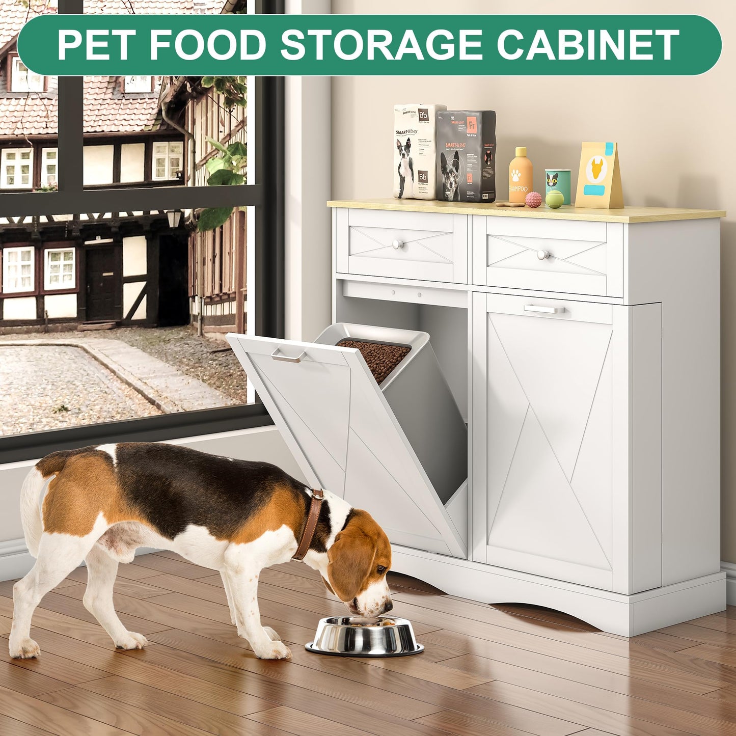 kepptory Tilt Out Trash Can Cabinet 12 Gallon, Pull Out Trash Can Storage Cabinet with 2 Drawers & Countertop, White Kitchen Cabinet with Adjustable Shelf, for Kitchen Pantry, Modern Farmhouse