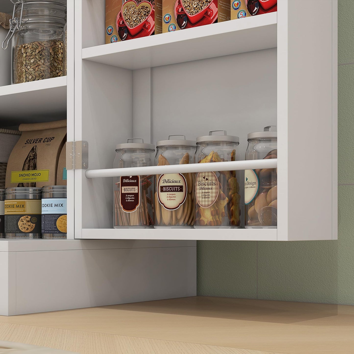 HOMCOM 65" Kitchen Pantry Storage Cabinet, Freestanding Kitchen Cabinet with 16 Door Shelves, Double Doors, 8-Tier Shelving and Adjustable Shelves, White