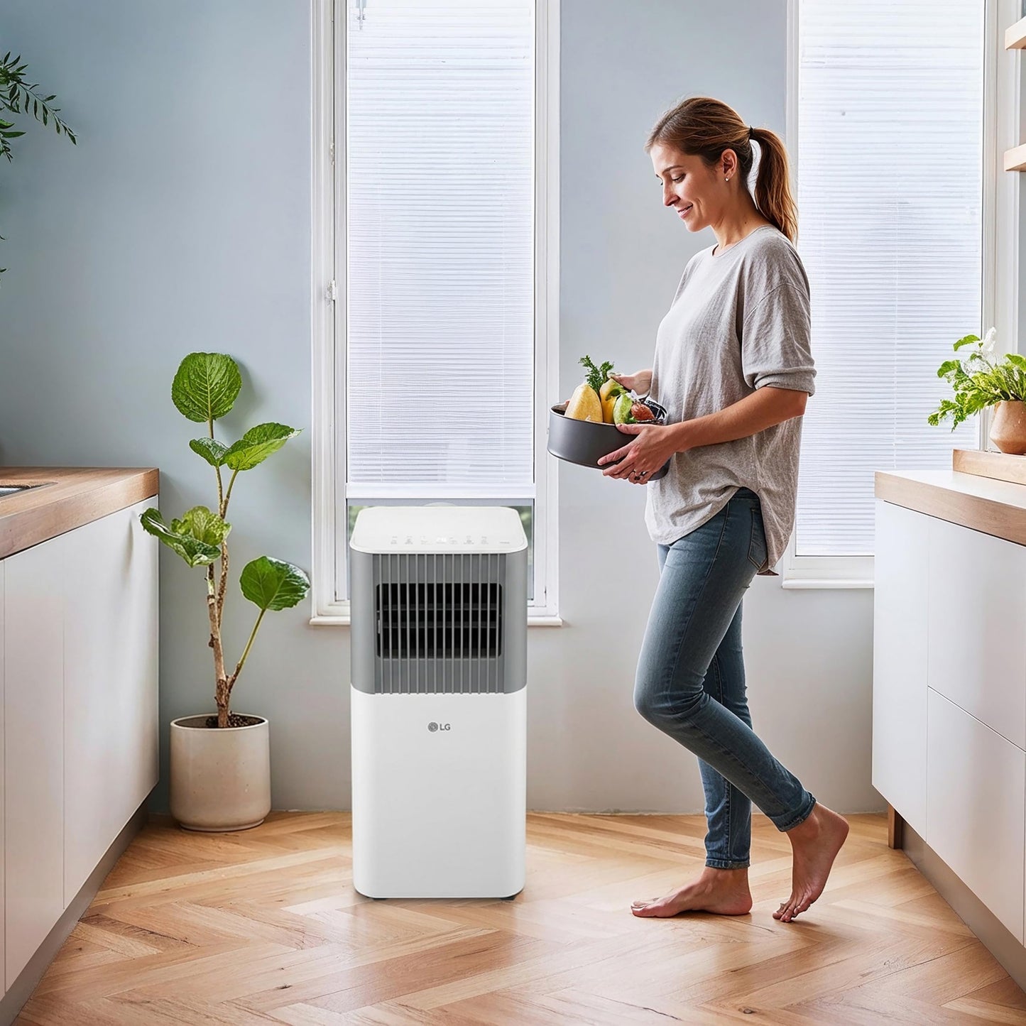 LG 5,000 BTU SACC (8,500 BTU ASHRAE) Portable Air Conditioner, 115V, Cools 150 Sq.Ft. (10' x 15' Room Size), Quiet Operation, LCD Remote Control, and Window Installation Kit, White & Gray