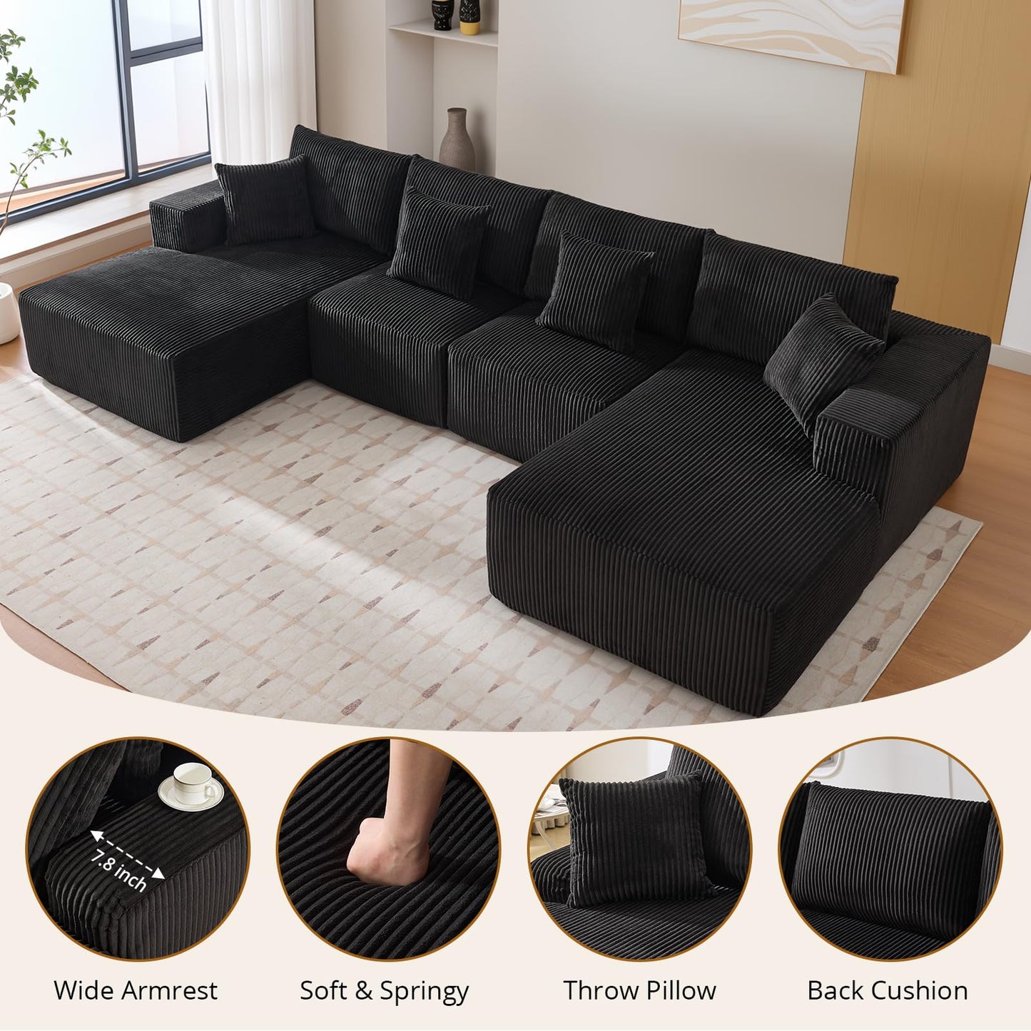 137" Modular Sectional Sofa, U-Shape Cloud Couch with Chaise, Deep Seat, Armrests and Plush Corduroy Fabric, No Assembly Required, Boneless Compression Sectional Couch for Living Room, Black