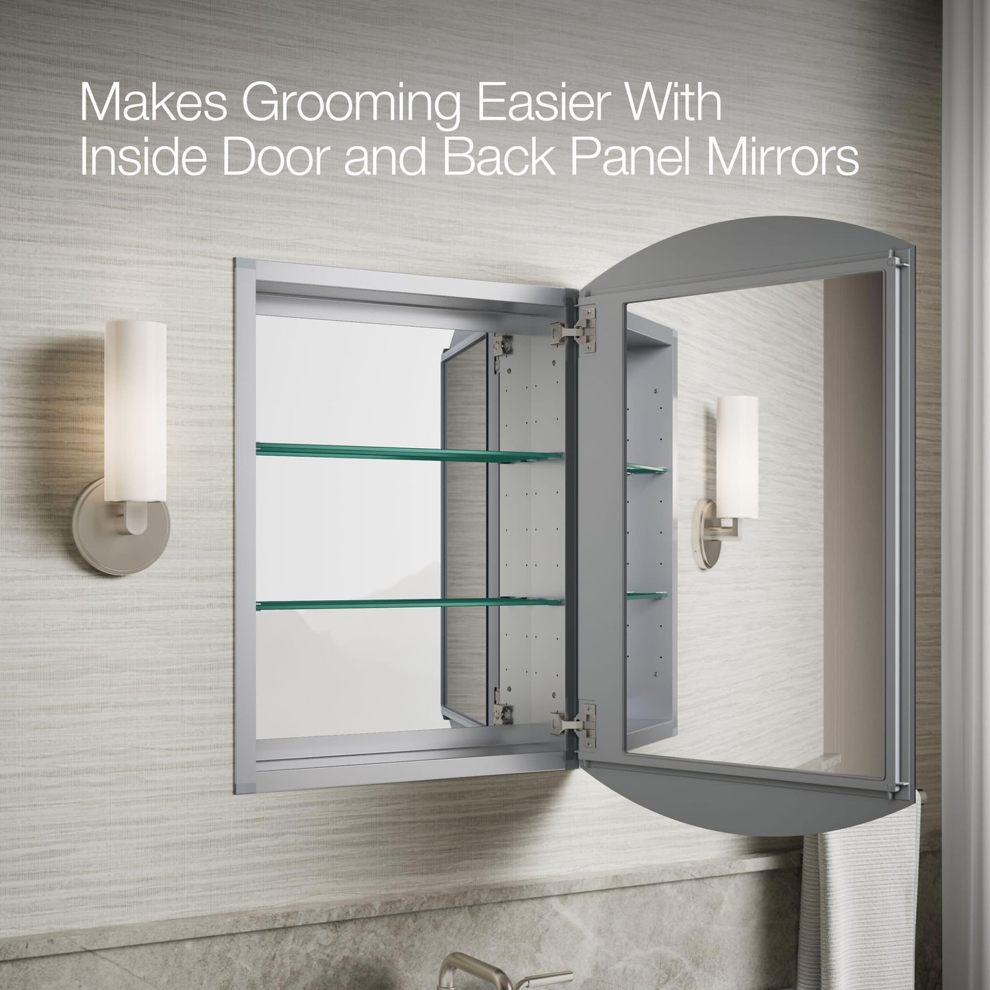 Kohler 3073-NA Archer 20" W x 31" H Aluminum Single-Door Bathroom Medicine Cabinet with Mirror, Recessed or Surface Mount Bathroom Wall Cabinet, Beveled Edges
