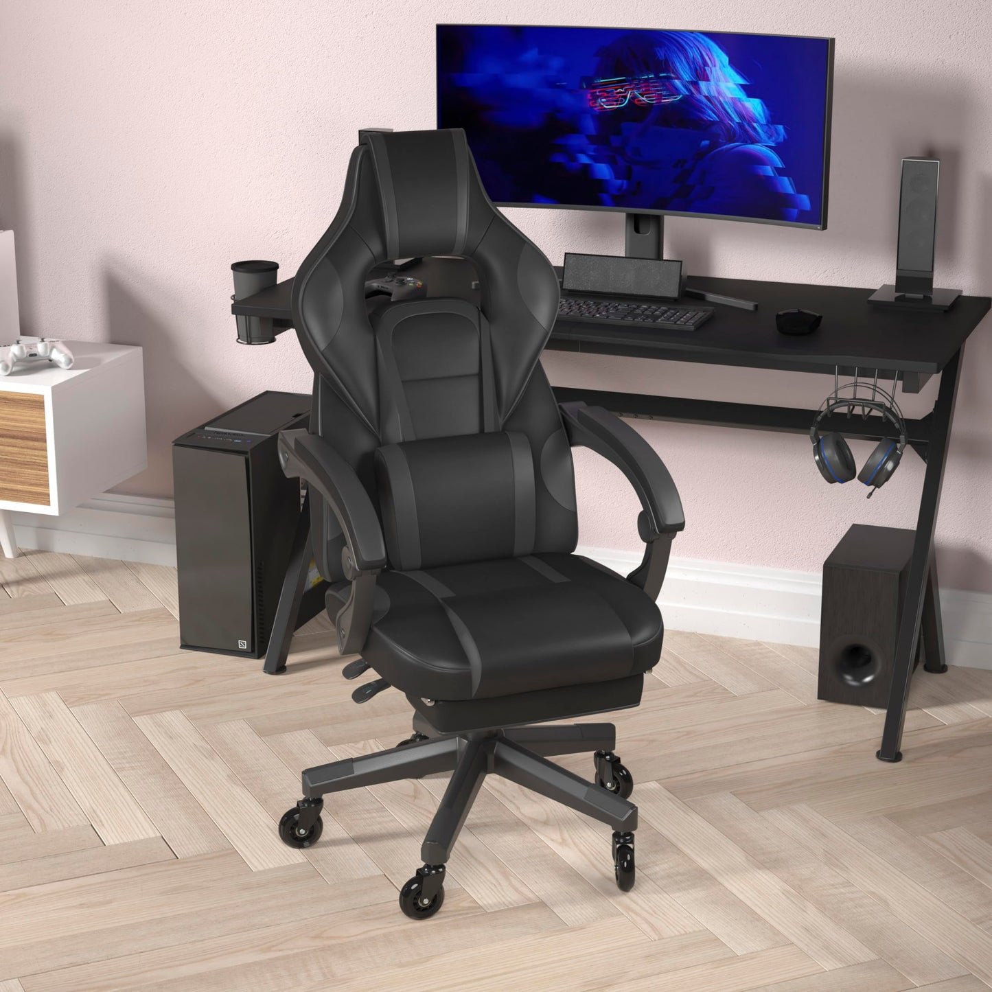 Flash Furniture X40 Gaming Chair Racing Computer Chair with Fully Reclining Back/Arms and Transparent Roller Wheels, Slide-Out Footrest, - Black/Gray