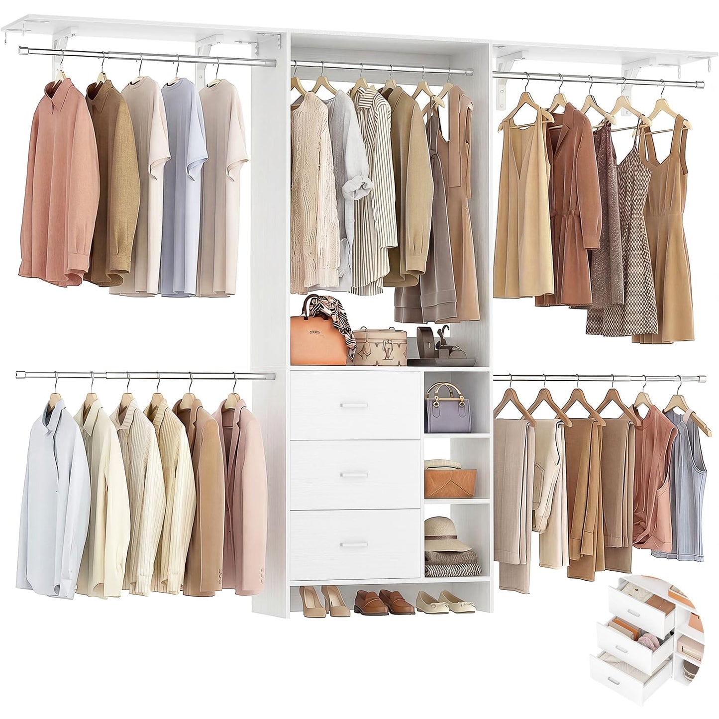 Aheaplus Closet System, Closet Organizer with 3 Wooden Drawers, 8FT Closet Organizer System, 96’’ Walk-in Closet Wardrobe Clothes Rack with Hanging Rods, Garment Rack, Fits 5.3-9 ft, -W3,White