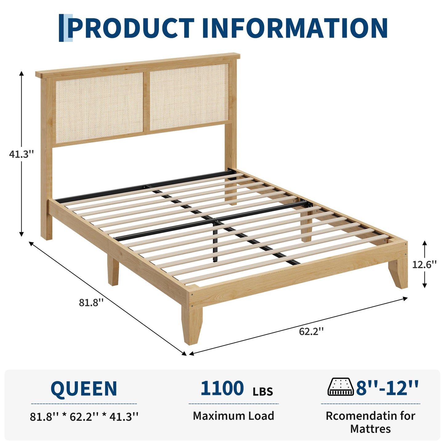 IDEALHOUSE Rattan Bed Frame Queen Size with Natural Rattan Headboard & LED Lights, Wood Queen Bed Frame with Solid Wood Foundation, No Box Spring Needed, Natural