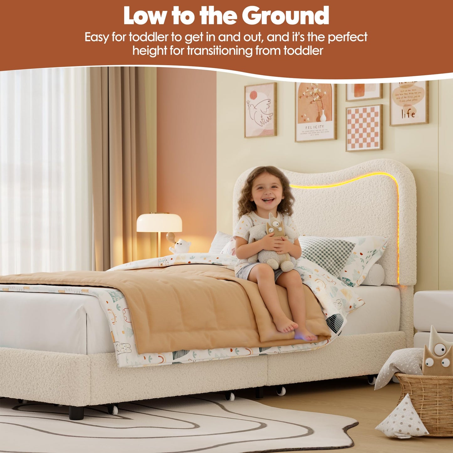 Garvee Boucle Twin Bed Frame with 2 Storage Drawers, Upholstered Platform Bed with LED Headboard, Wood Slats Support, No Box Spring Needed for Kids, Teens-Beige