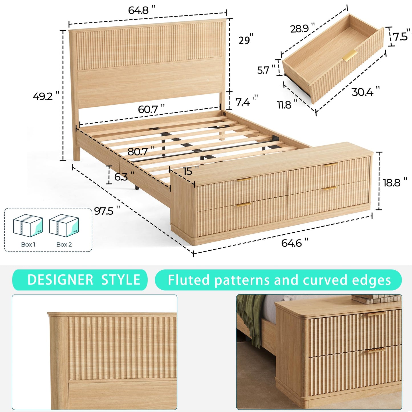 LINSY Storage Bed Frame Queen Bedframe with Drawers, Tall Bed Frame Queen-Size with Headboard and Footboard Bench, Fluted Boho Bed Frames Wooden Platform Beds with Storage, No Box Spring, Light Wood