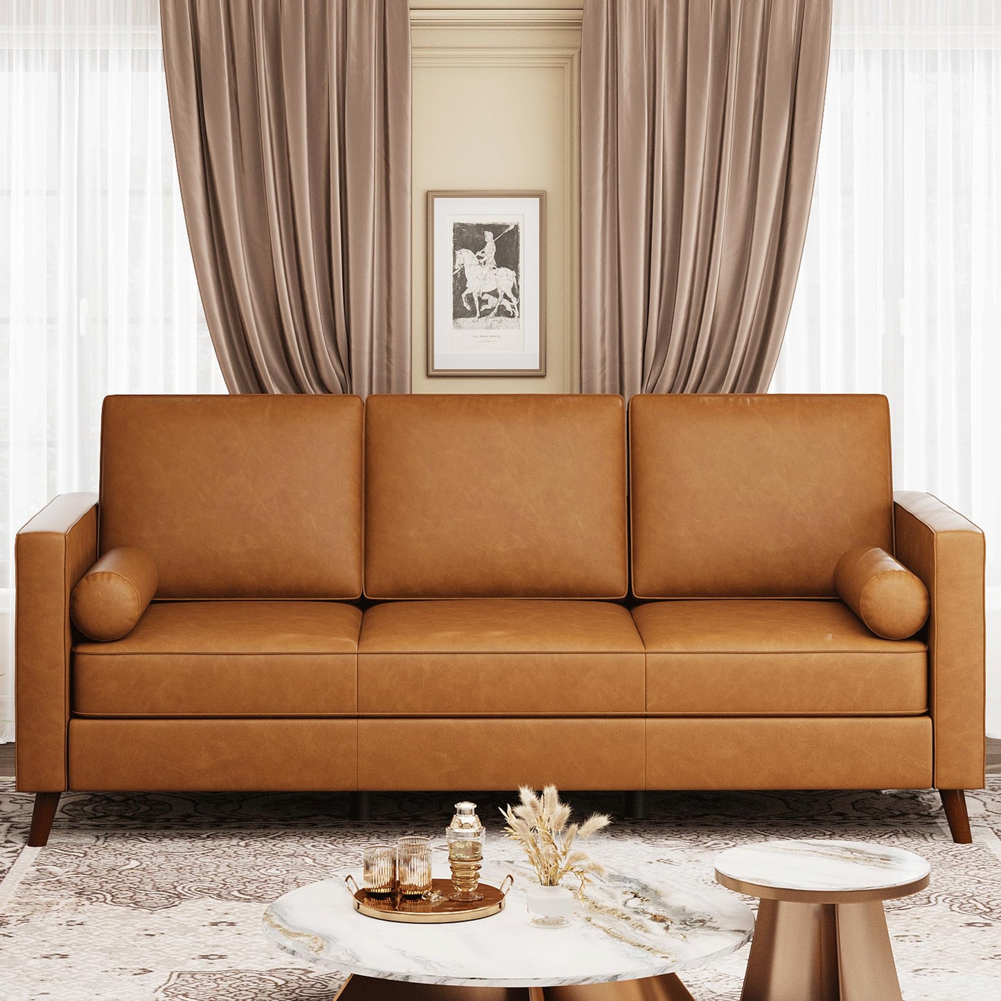 PeacefulHues 81" Leather Sofa, Mid-Century Modern Deep Seat Couch, PU Leather Couch, 3-Seat Sofa for Living Room, Office, Cognac Tan