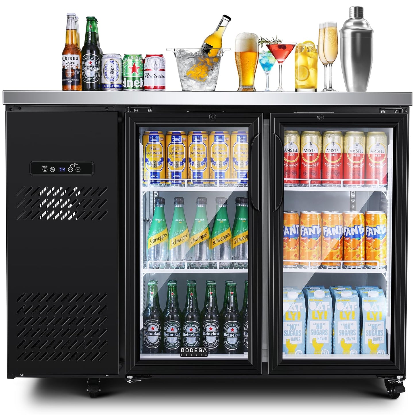 BODEGACOOLER Commercial Back Bar Cooler with 2 Glass Doors,12 Cu.Ft Stainless Steel Commercial Counter Height Bar Refrigerator,Display Drink Beverage Beer Fridge LED Lighting,SUS304 Top,4 Casters