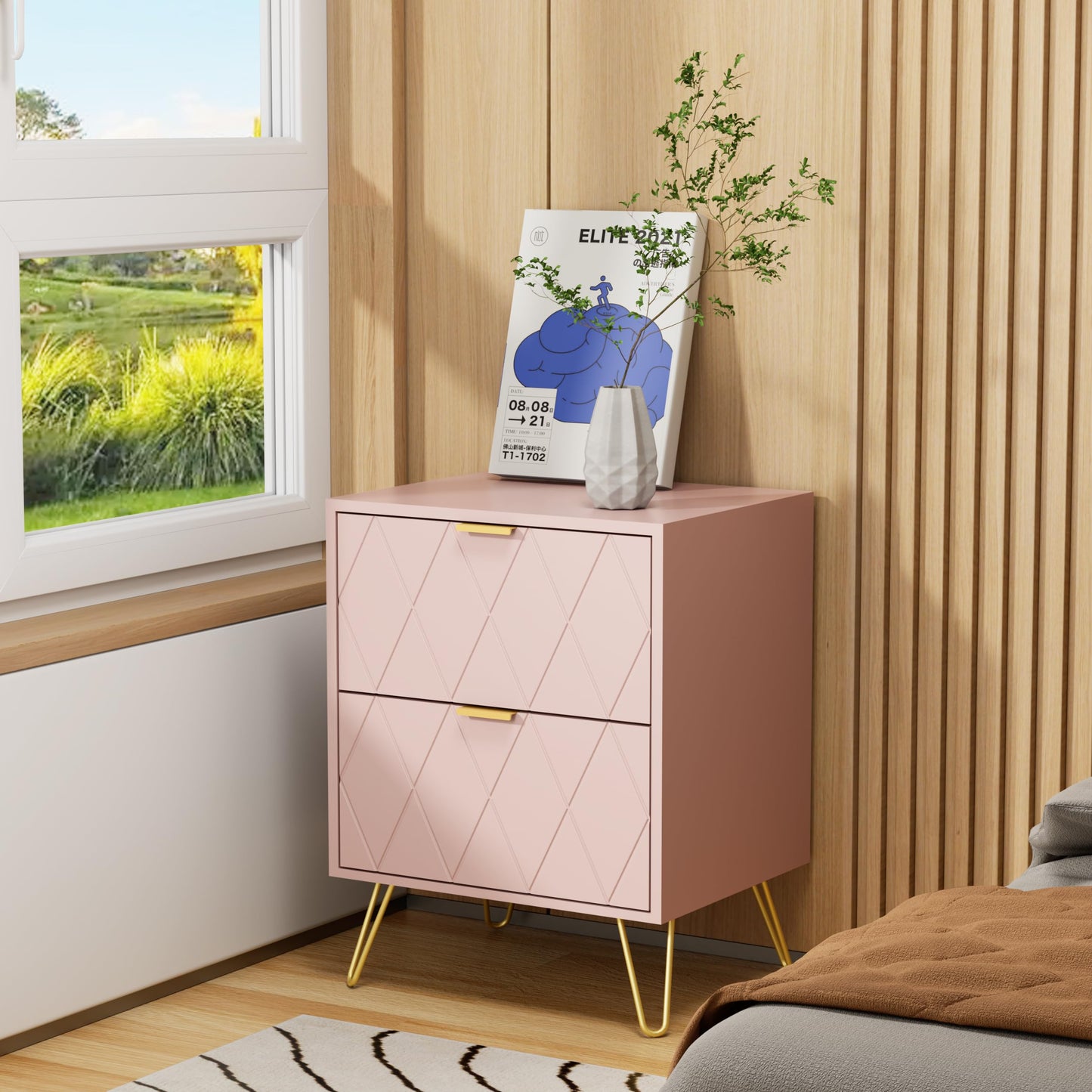 Anbuy Pink Nightstand Set of 2, End Side Table Double, Bedside Table with 2 Drawers, Dual Night Stand Set 2 Gold Legs for Bedroom Living Room