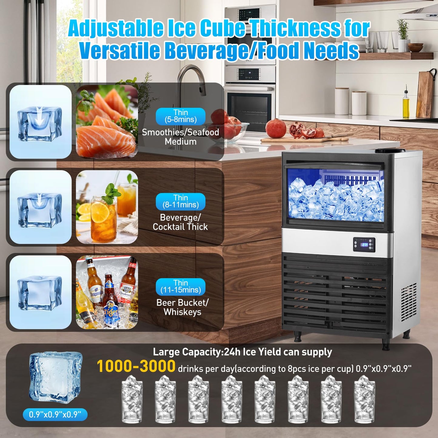 Commercial Ice Maker Machine 150Lbs/24H, 35Lbs Storage Bin, 6x13Pcs Clear Ice Cubes, Freestanding Stainless Steel Ice Making Machine with Blue Light for Restaurant, Home, Bars, Coffee Shop