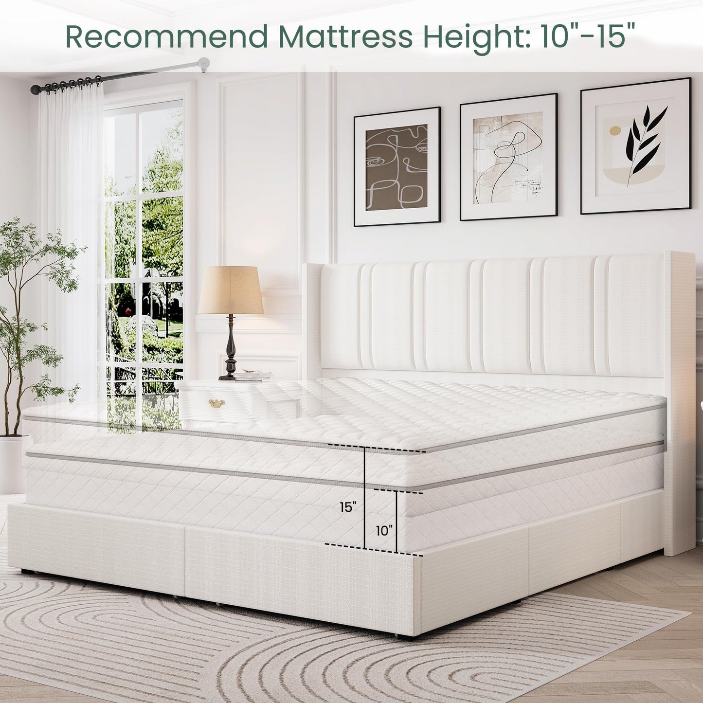 LARMACE Queen Size Bed Frame with 4 Storage Drawers and Wingback Headboard Linen Upholstered Platform Bed Frame with Wooden Slats, Easy Assembly, White